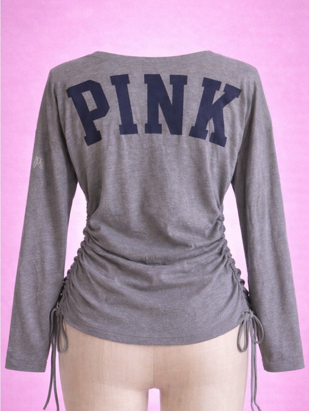 PINK Victoria's Secret Gray Long-Sleeve Side-Ruched Logo Top